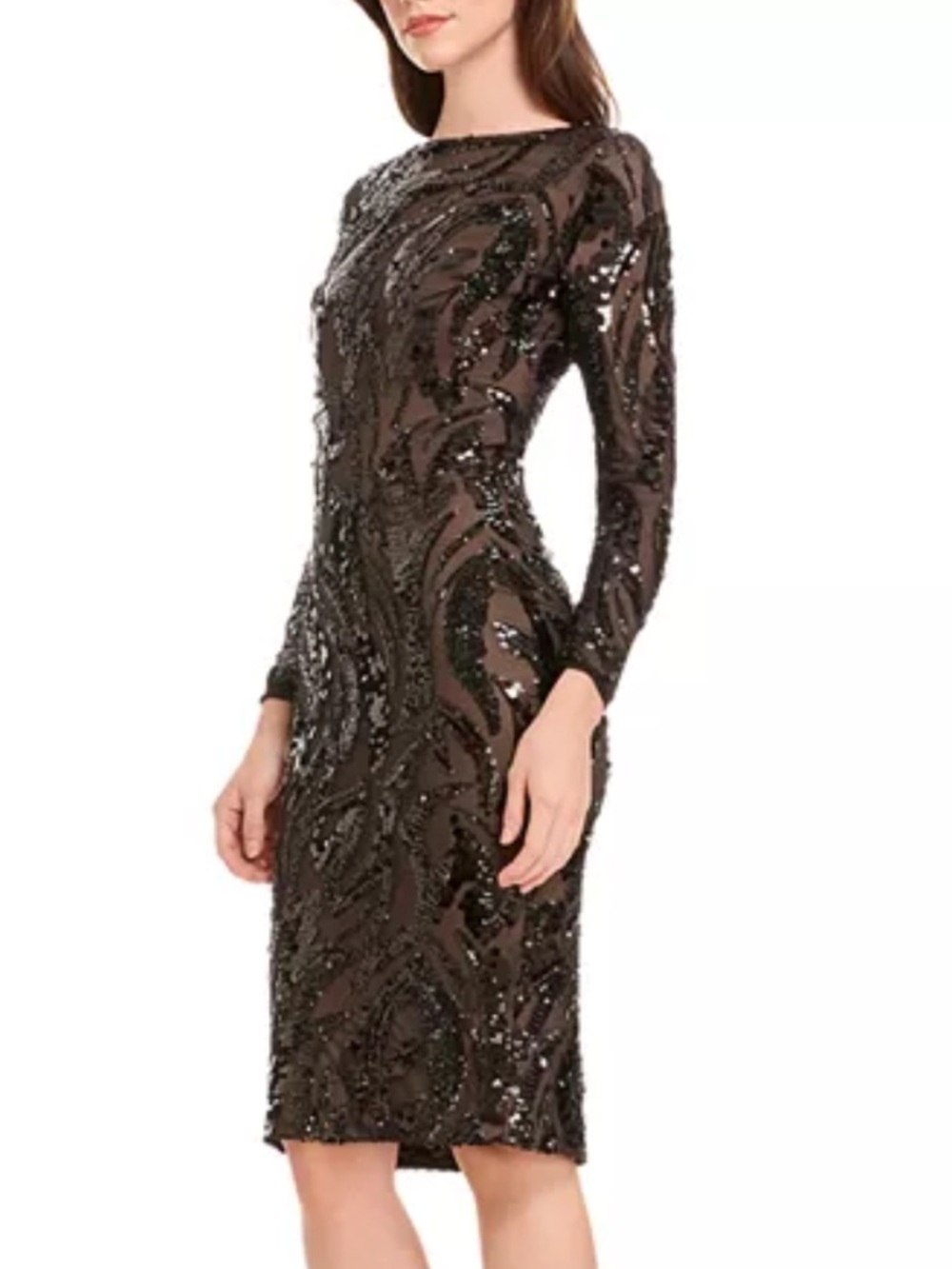 Dress the Population Black Sequined Long-Sleeve Midi Dress